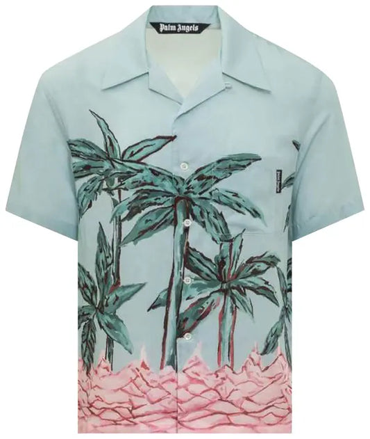 Palm Angels Palms Row Button Up Bowling Shirt 'Light Blue/Green'