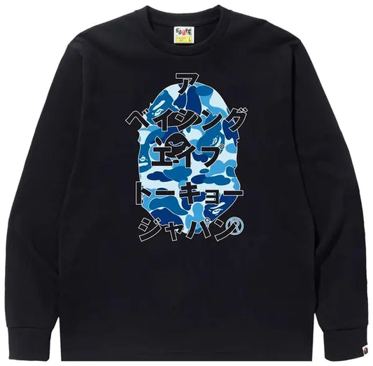 BAPE ABC Camo Japanese Letters Long-Sleeve Tee 'Black/Blue'