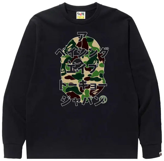 BAPE ABC Camo Japanese Letters Long-Sleeve Tee 'Black/Green'