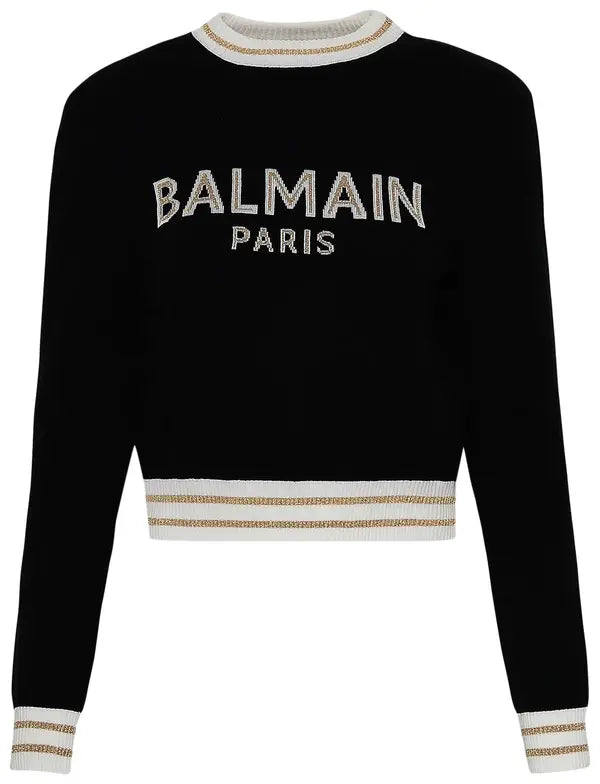 Balmain Logo Intarsia Knitted Cropped Jumper 'Black/Natural/Gold'