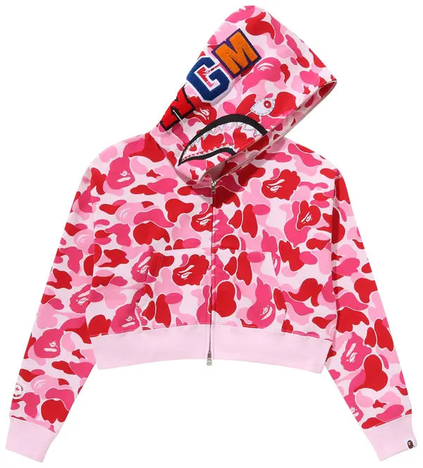 BAPE ABC Camo Crystal Stone Shark Cropped Full Zip Hoodie 'Pink'