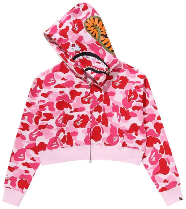 BAPE ABC Camo Crystal Stone Shark Cropped Full Zip Hoodie 'Pink'