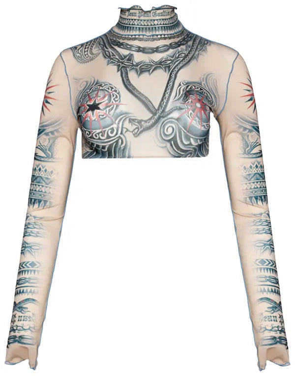 Jean Paul Gaultier Printed Soleil Long-Sleeve High Neck Cropped Top 'Nude/Blue/Red'