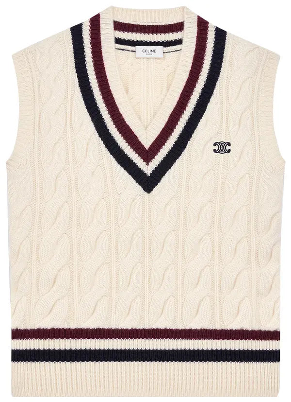 CELINE Triomphe Cashmere V-Neck Cable Knit Vest 'Ecru/Burgundy/Navy'