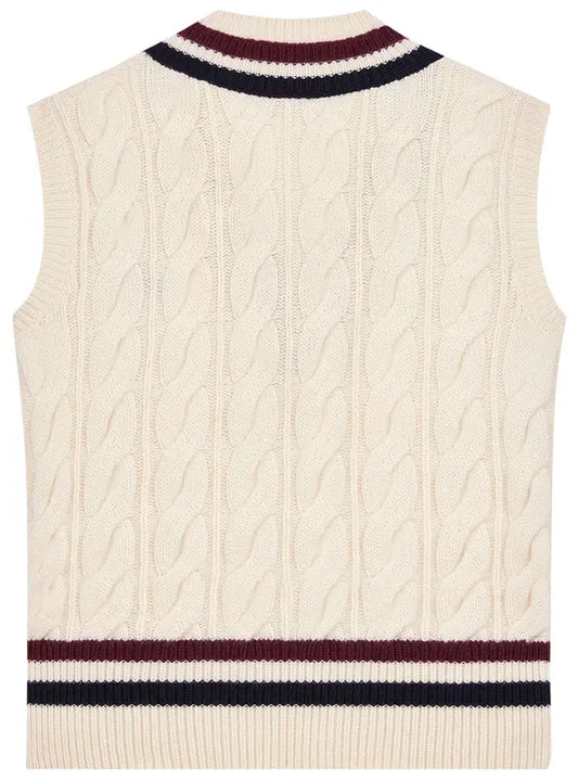 CELINE Triomphe Cashmere V-Neck Cable Knit Vest 'Ecru/Burgundy/Navy'