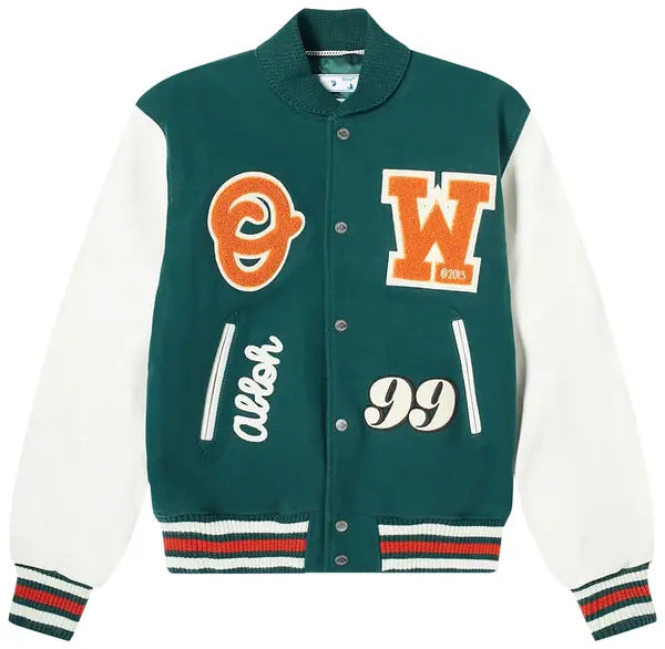 Off-White Barrel Leather Varsity Jacket 'Green/Orange'