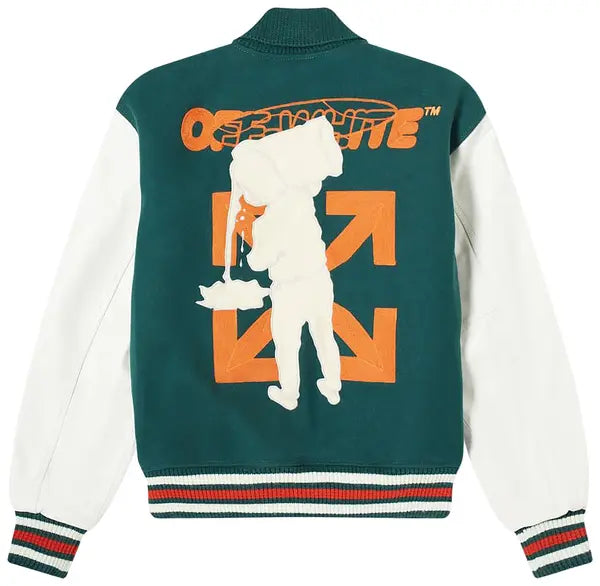 Off-White Barrel Leather Varsity Jacket 'Green/Orange'