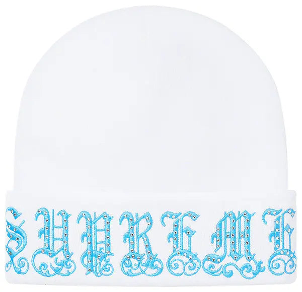 Supreme Old English Rhinestone Beanie 'White'