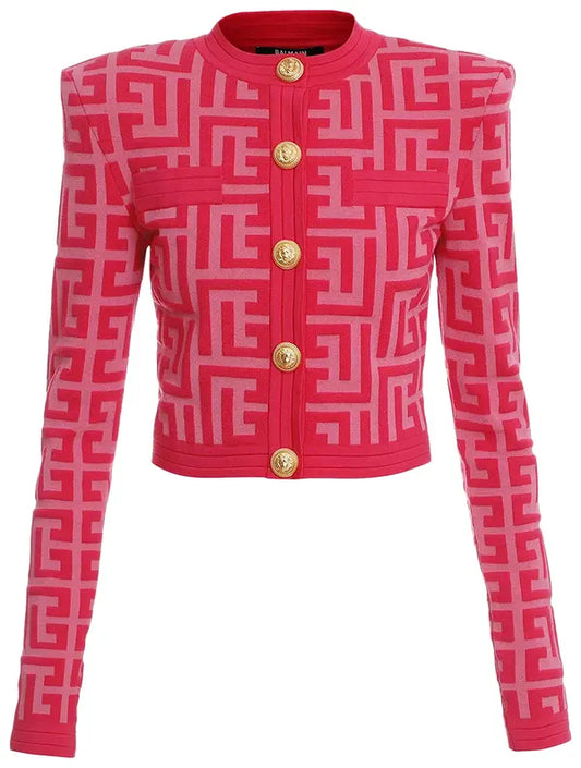 Balmain Cropped Maxi Monogram Knitted Cardigan 'Pink'