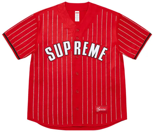 Supreme Rhinestone Stripe Baseball Jersey 'Red'